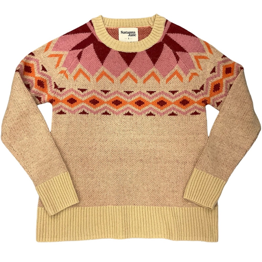 Savanna Jane Woman’s Knit Sweater Geometric Fair Isle Pullover Boho Nord…